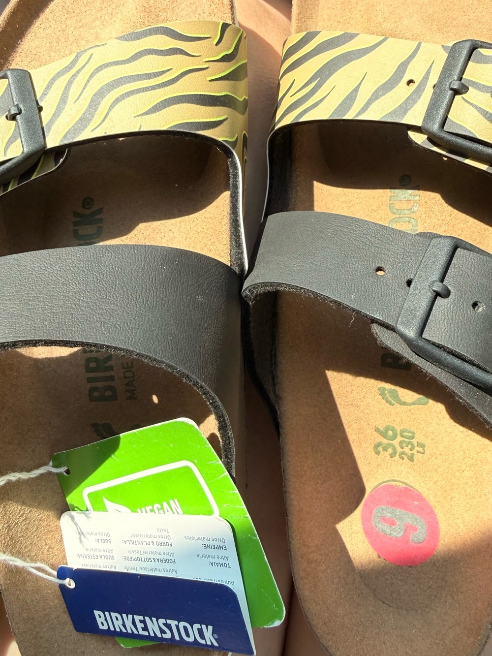 Birkenstock Two-Strap Sandals in Black and Olive Zebra